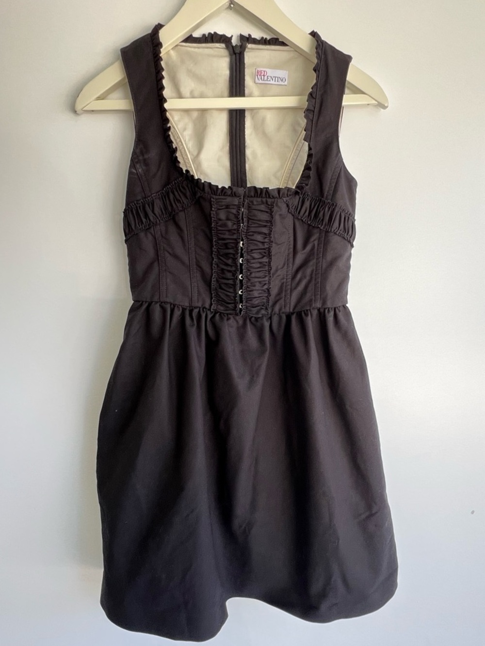 RED Valentino Black Corset Mini Dress Ruched Bust Designer Fit & Flare Pockets S - Picture 5 of 16